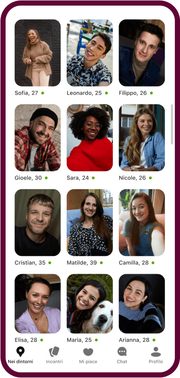 L'app di Badoo mostra una griglia contenente i profili di varie donne.